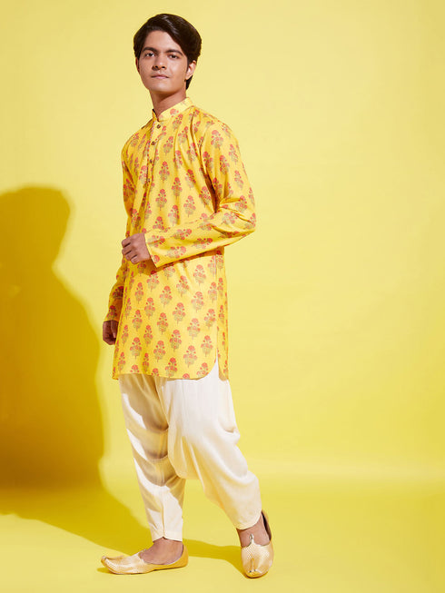 Boy's' Multicolor-Base-Mustard And Cream Kurta Patiala Set